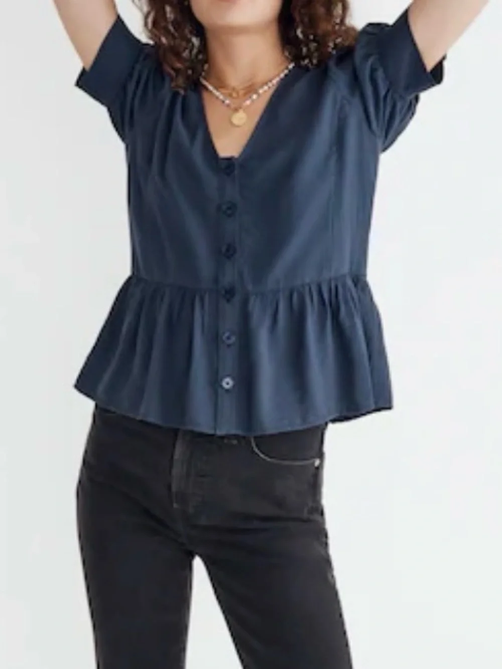 Madewell | Drapeweave Puff-Sleeve Peplum Top | Dark Baltic | XS